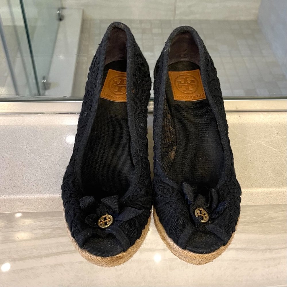 Tory Burch - Jackie Black Lace Peep Toe Espadrille Wedges - sz 10